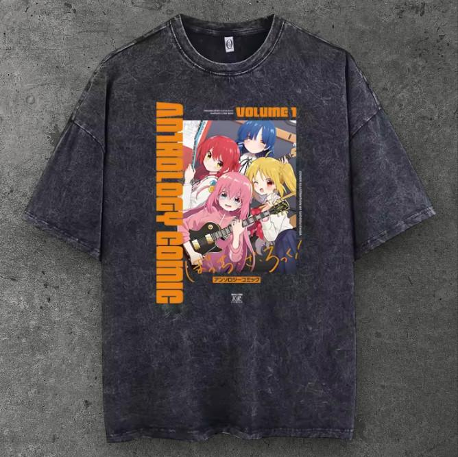 Unisex Anime Band Graphic T Shirt Washed Black Y2K Streetwear S-3XL S