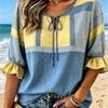 Women's Striped Polka Dot Color Block Blouse, Tie Neck Ruffled Half Sleeve Top, Loose Casual Wear for Spring Summer