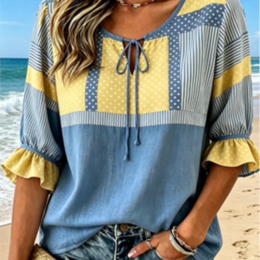 Women s Striped Polka Dot Color Block Blouse, Tie Neck Ruffled Half Sleeve Top, Loose Casual Wear for Spring Summer S