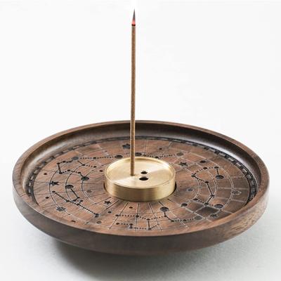 SEEDWAVE Stylish Wooden Incense Holder, Constellation Walnut Design, Brass Incense Holder with Three Holes, Incense Burner for Meditation, Tea
