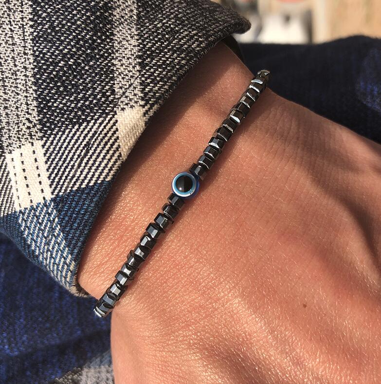 

Fashion 4mm Bracelet Natural Stone Beads Evil Eye Braslet Obsidian Hematite Elastic Braclet For Men Hand Jewelry Pulseras Homme