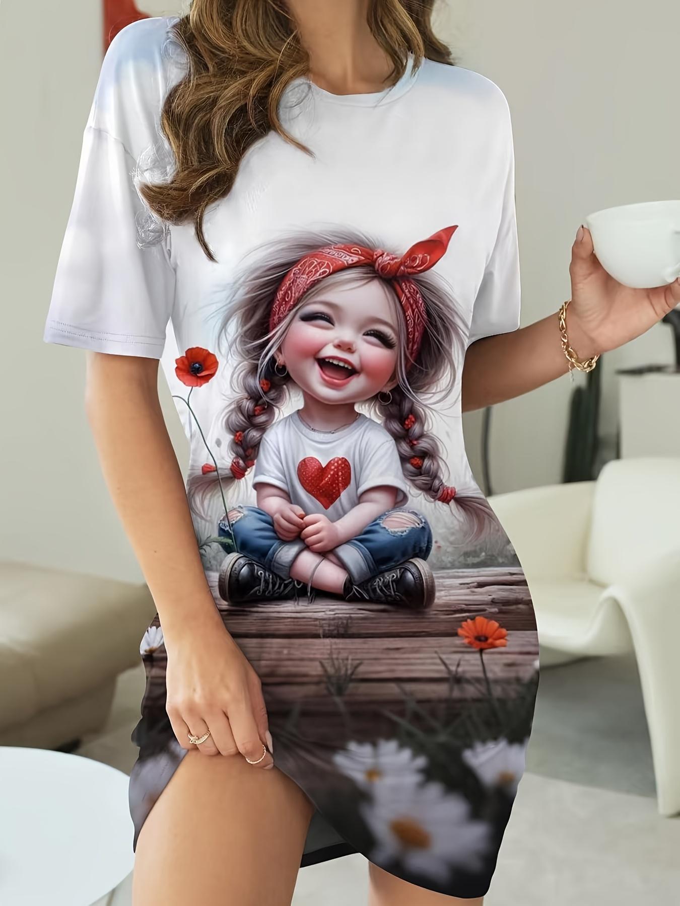 Женская Мультяшная Цветочная Милая Сердечко Пижама Удобное Короткое Рукав Круглый Вырез Платье-Футболка Всесезонное Полиэфирная Смесь Машинная Стирка 9XL дубильная кора