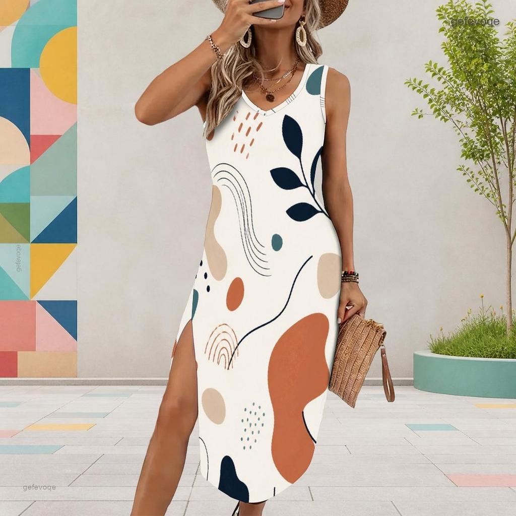 Women Plus Size Sleeveless U Neck Abstract Printed Side Slit Casual Dress