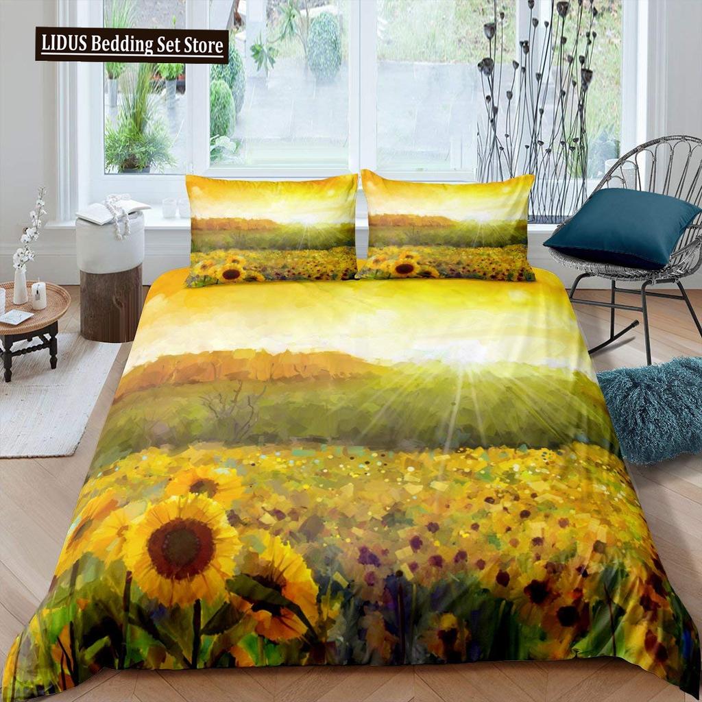 Vintage Sonnenblumen Bettbezug Set Buchstaben Bettwäsche Set Buchstaben Und Sonnenblumen Gedruckt Retro Mädchen Queen Size 2/3tlg. Bettdeckenbezug