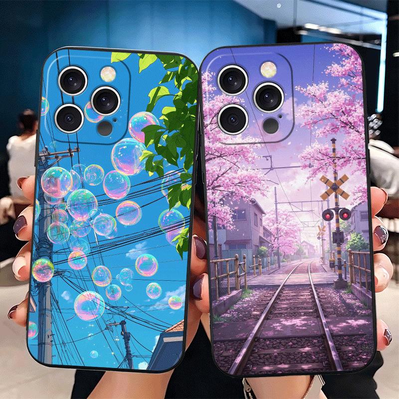 Anime Aesthetic Scenery Soft Phone Case for iPhone 16 16E 17 Air 15 Pro Max 14 Plus 13 Mini 11 12 7 Black Cover Back Shell