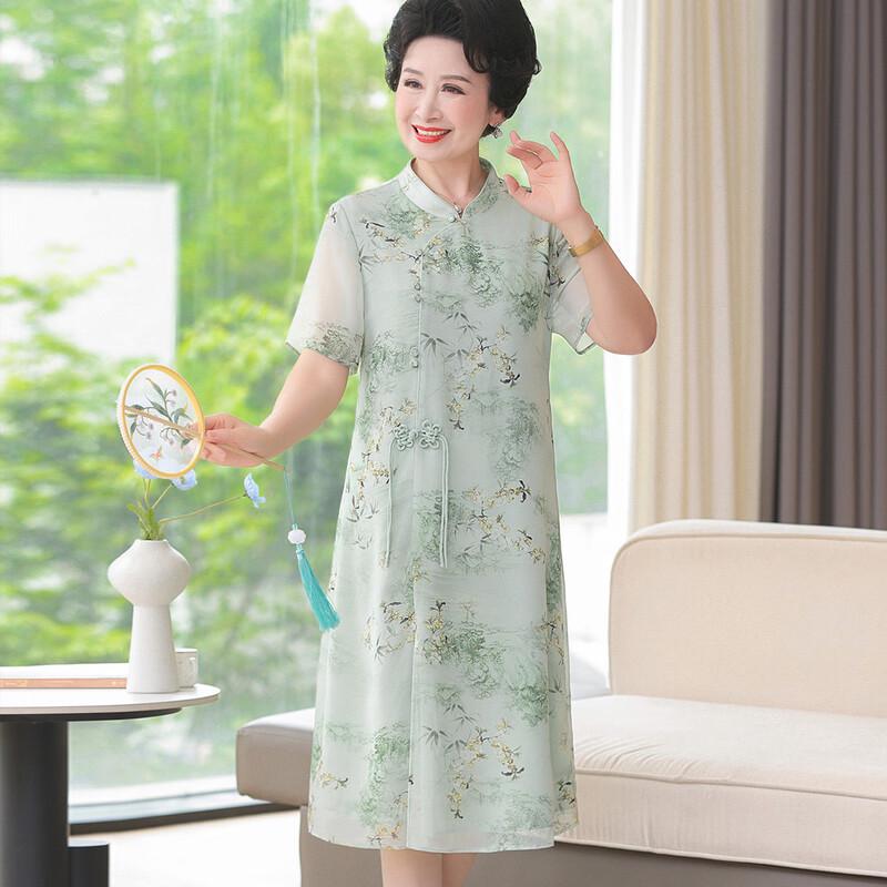 New Chinese Style Elegant Summer Short-Sleeve Dress for Middle-Aged Women