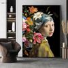 Vintage Famous Painting Girl with Pearls Flowers Canvas Poster Mona Lisa with Flowers Picture Cuadros Wall Art Home Decor
