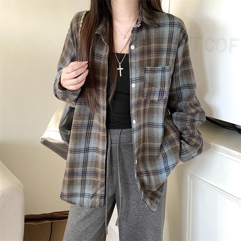 1116 New Spring and Autumn Design Plaid Shirt Jacket Women's New Loose Casual Meat Cover Medium and Long Shirt