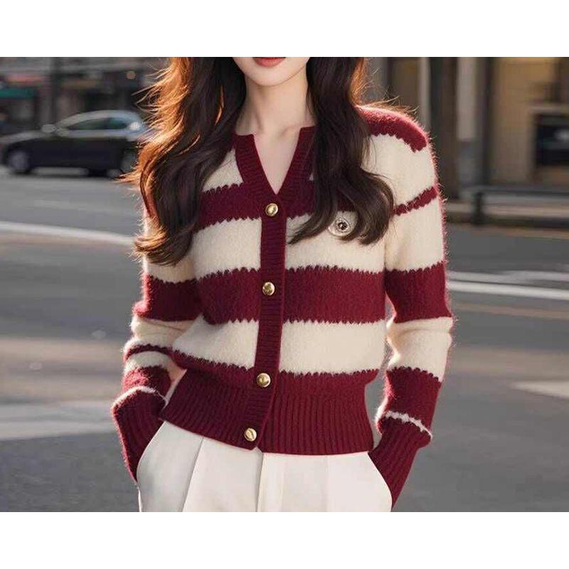 

Бордовый полосатый вязаный кардиган женский осенне-зимний новый жакет мягкий восковой вязаный топ One Size