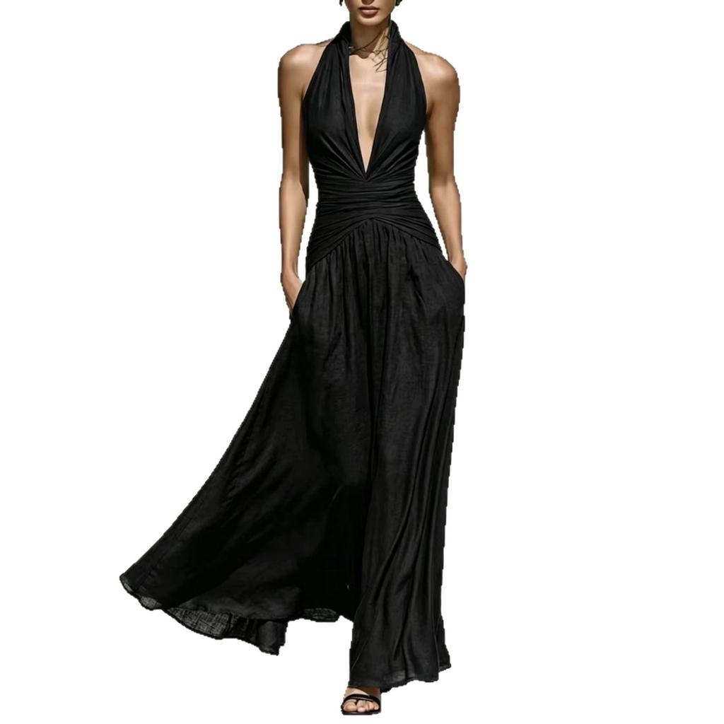 European and American sexy neck deep v-neck dress linen waist thin pendulum sleeveless long holiday dress
