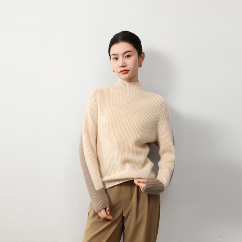 European & American Style Color Block Wool Pullover: Women's Slimming, Semi-High Neck, Autumn/Winter Fashion Knitted Sweater.