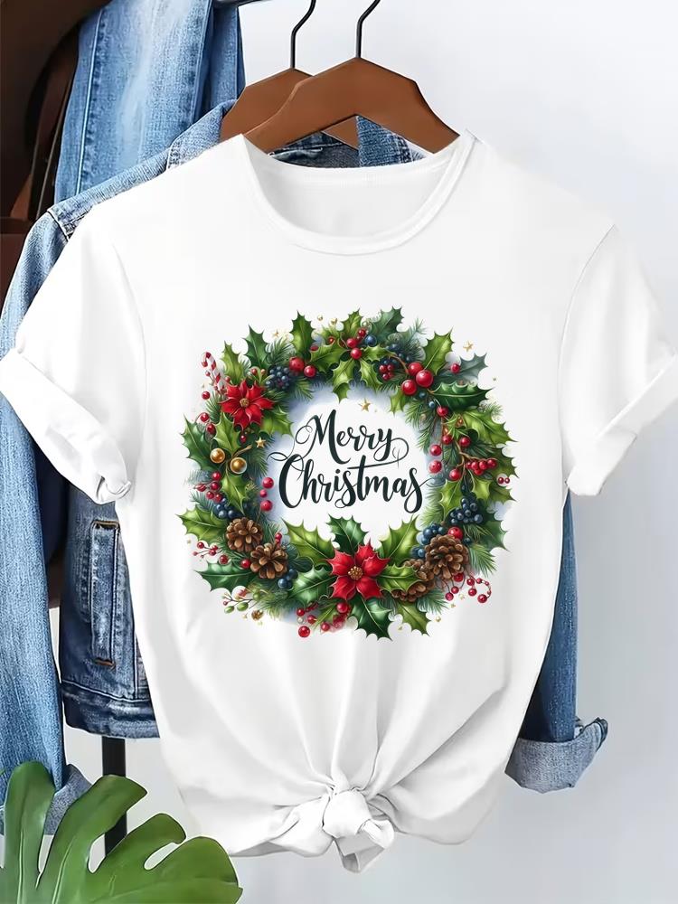 (Asian Size) watercolor cute Short Sleeve T-shirts Merry Christmas Women's Top O-neck T Shirt Print  Fashion Casual New Year Clothing Graphic Tee