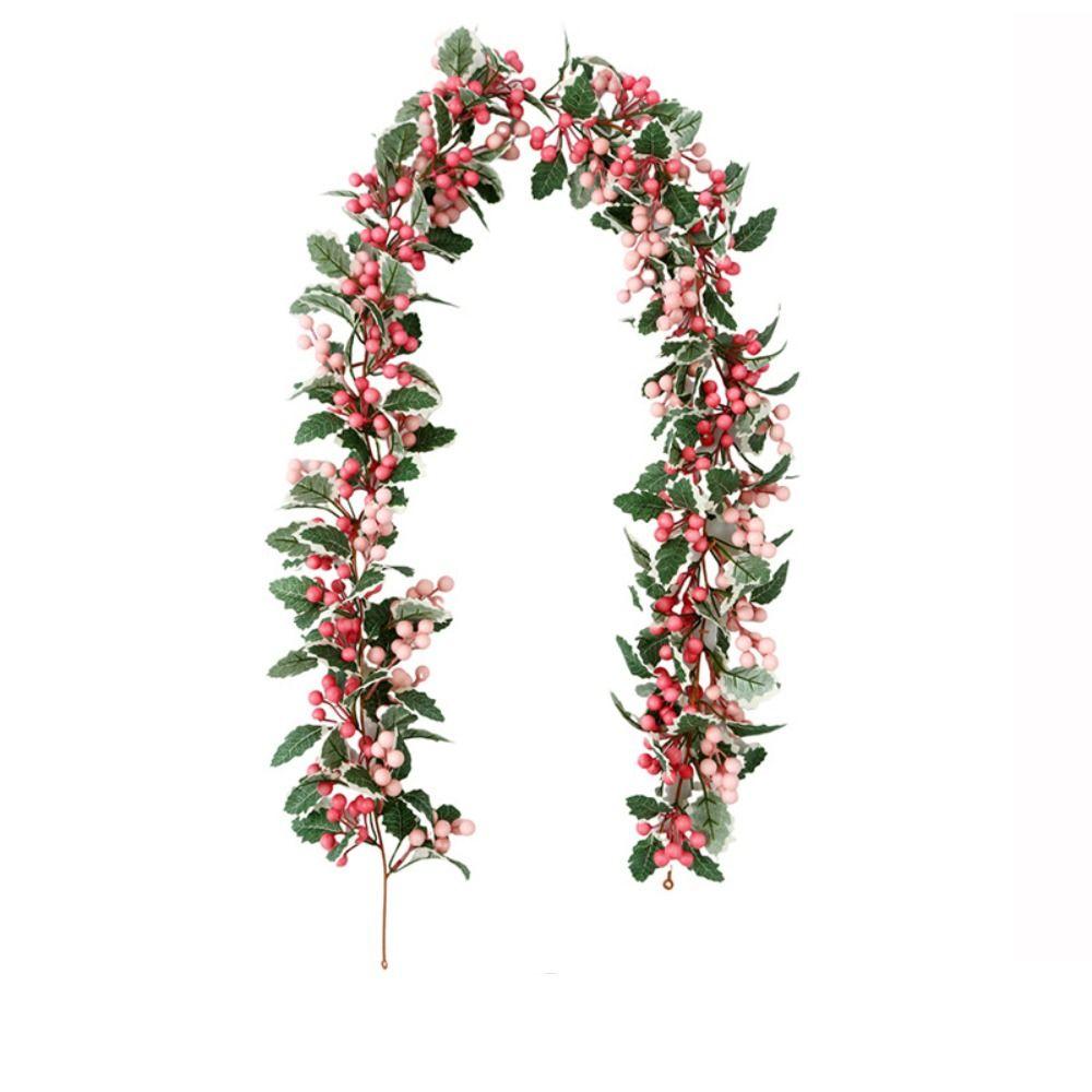 Green Leaves Christmas Pink Berries Wreath DIY Simulation Plants New Year