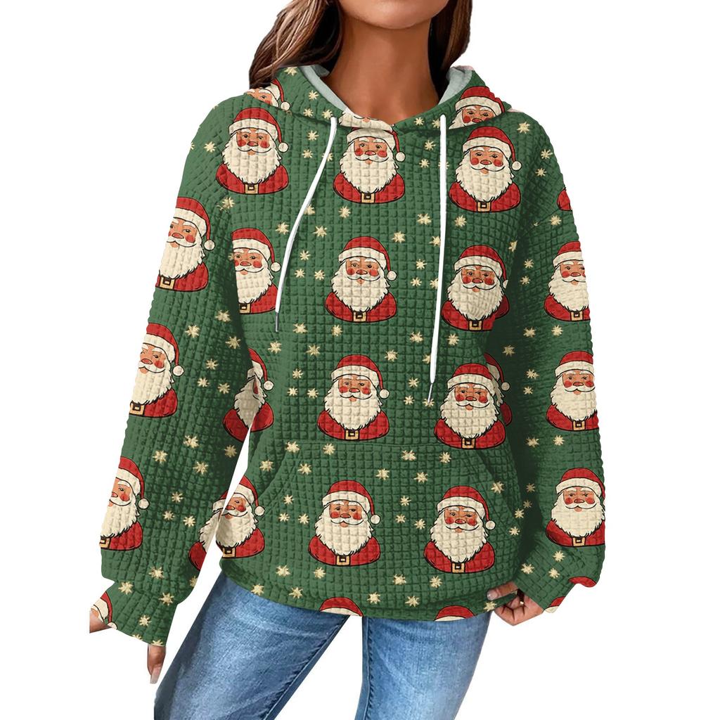 Dammode Lös Pullover med Huva Långärmad Rutig Sweatshirt med Dragsko, Nedhasad Axel, Ficka, Jultryck Topp