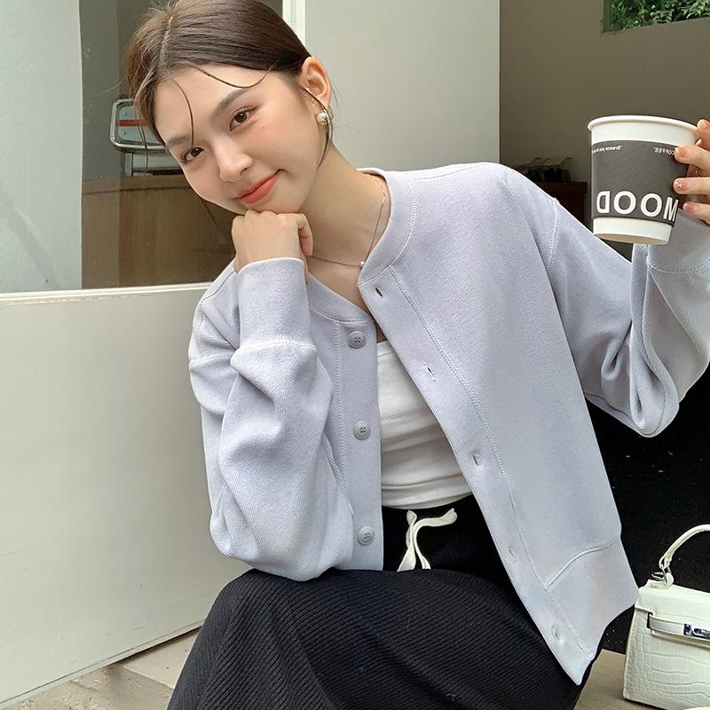 

JKASHDK Женская мода Повседневная однотонная принтованная куртка и пальто с длинным рукавом и круглым вырезом на осень-зиму L серый