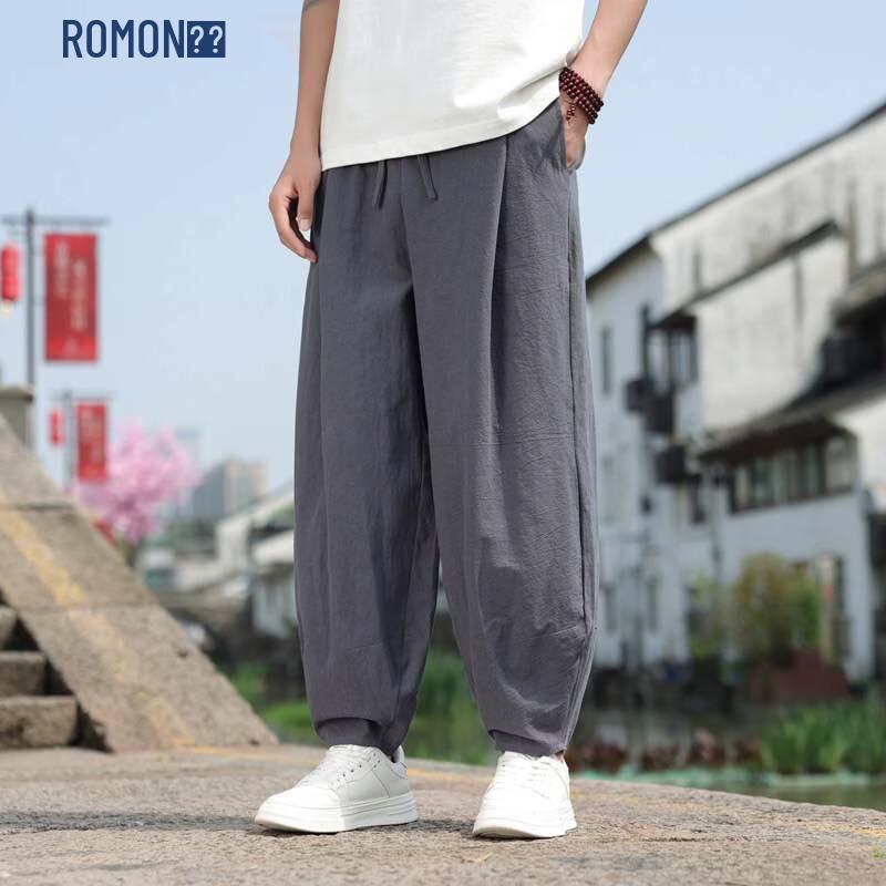 ROMON Men s Loose Fit Cotton Cropped Drawstring Pants XL