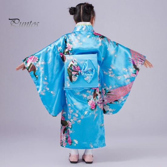 1 Set traditioneller Kimono-Pyjama für Mädchen, lebendige Farben, floraler Pfauendruck, einfach zu tragen, bequemer Kimono