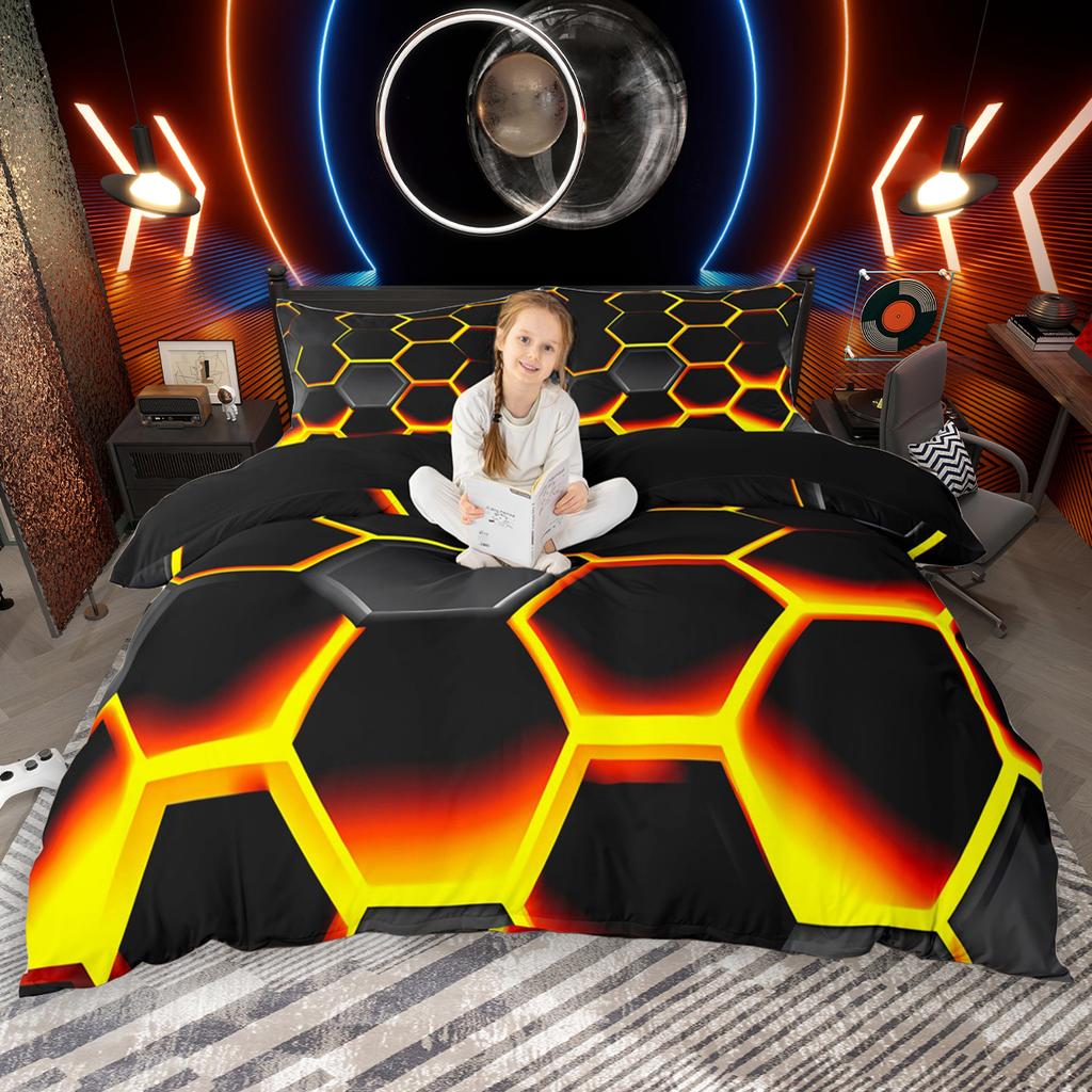 Homewish Gradient Voštinový povlak na přikrývku Set 2ks/3ks, Neonové světla Šestiúhelníkový ložní set, Černý geometrický set povlaku na přikrývku