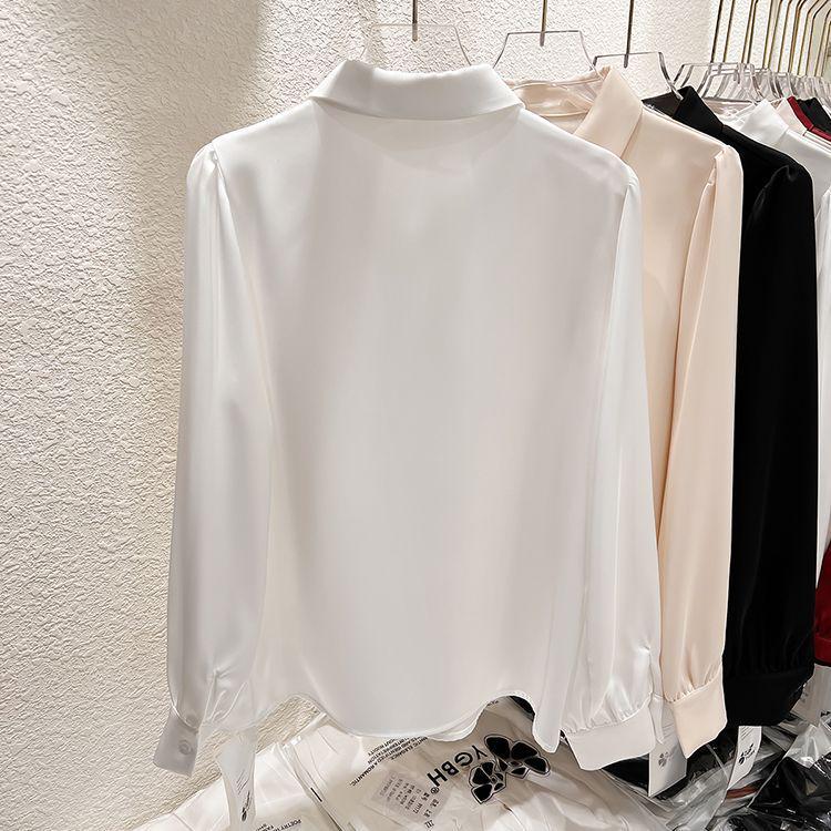 2024 Koreanischer Stil Rüschen Perlenbesetztes Revers Langarm Chiffon Top für Damen