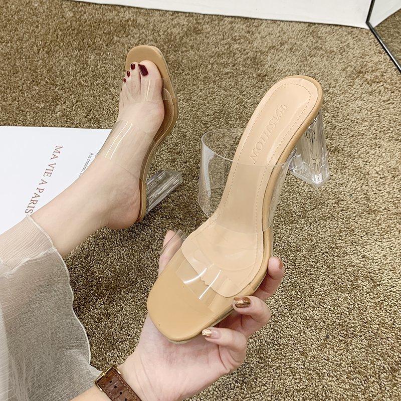 Summer new summer transparent heel high heel thick heel simple PVC cool slippers with open toes