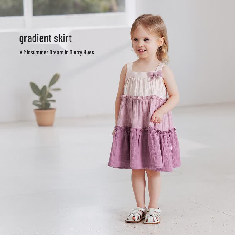 Babylove Girls' Summer Pure Cotton Gauze French Tiered Spaghetti Strap Dress