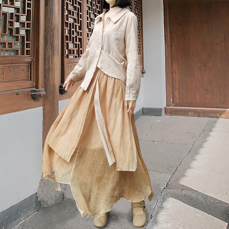 Johnature Damen Herbstmode Chinesischer Stil Langarmhemd Lässig Einfarbig Peter Pan Kragen Hemd