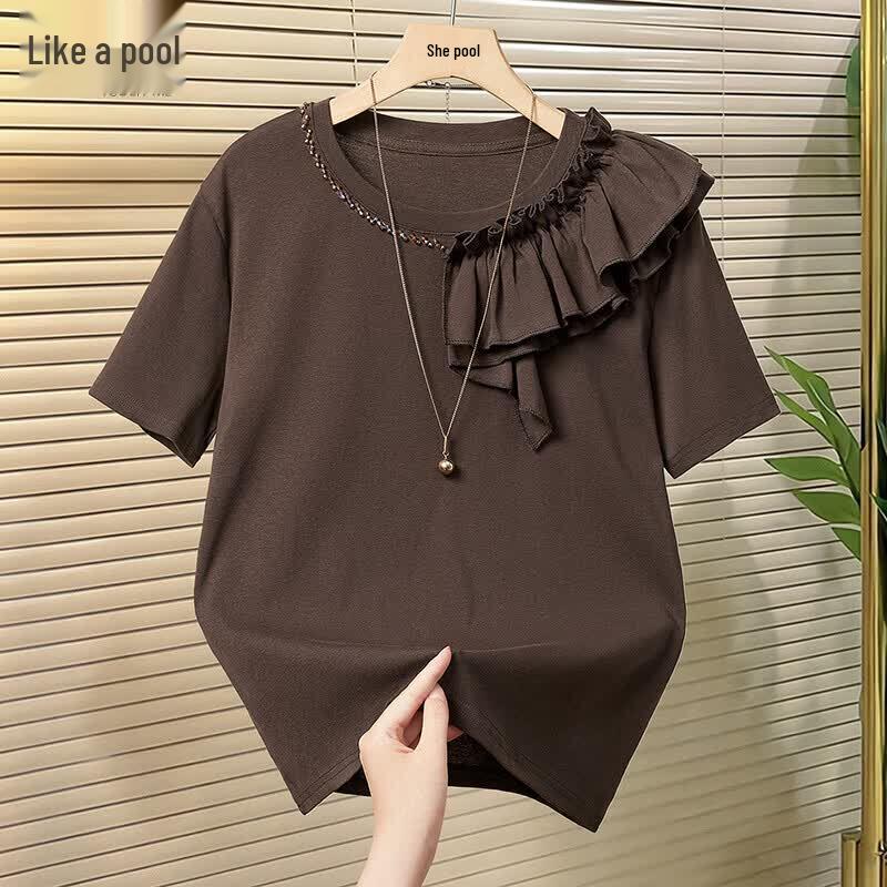 Tachi Women s Ruffle Trim Short Sleeve T-Shirt L темный кофе