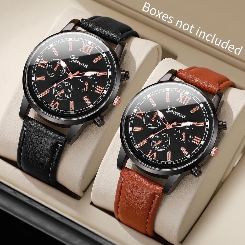 2/4/6pcs/set Men's Watch Combination Set Trendy Casual Business Style Men's Temperament Leather Watch Sport Style Watch No Box