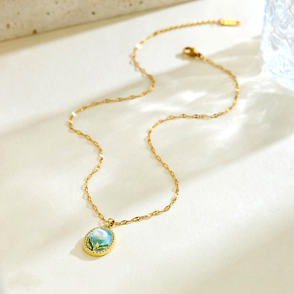 Cross-border New French Style Vintage Imitation Pearl Oil Drop Pendant Light Luxury Copper Enamel High-end Painted Flower