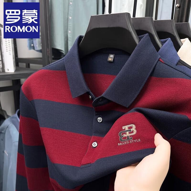Romon Men s Casual Striped Lapel Long-Sleeve Polo Shirt 3XL