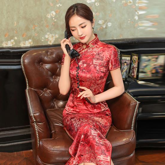 Mandarin Collar Short Sleeve Disc Buckles Smooth Traditional Qipao Chinese Style Mountain