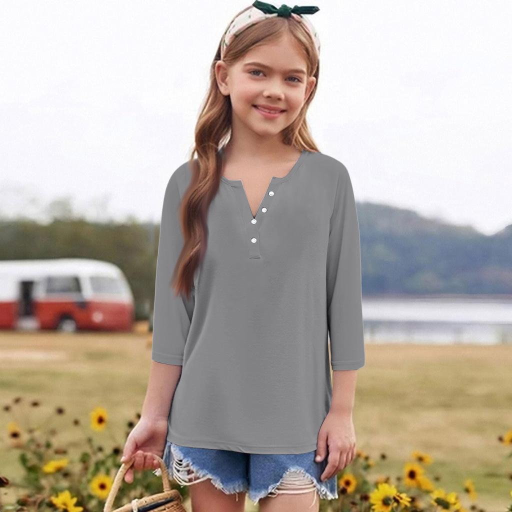 Print Tops For Youth Girls Round Neck 3/4 Sleeves T-Shirts Trendy Tops Outfit Tees