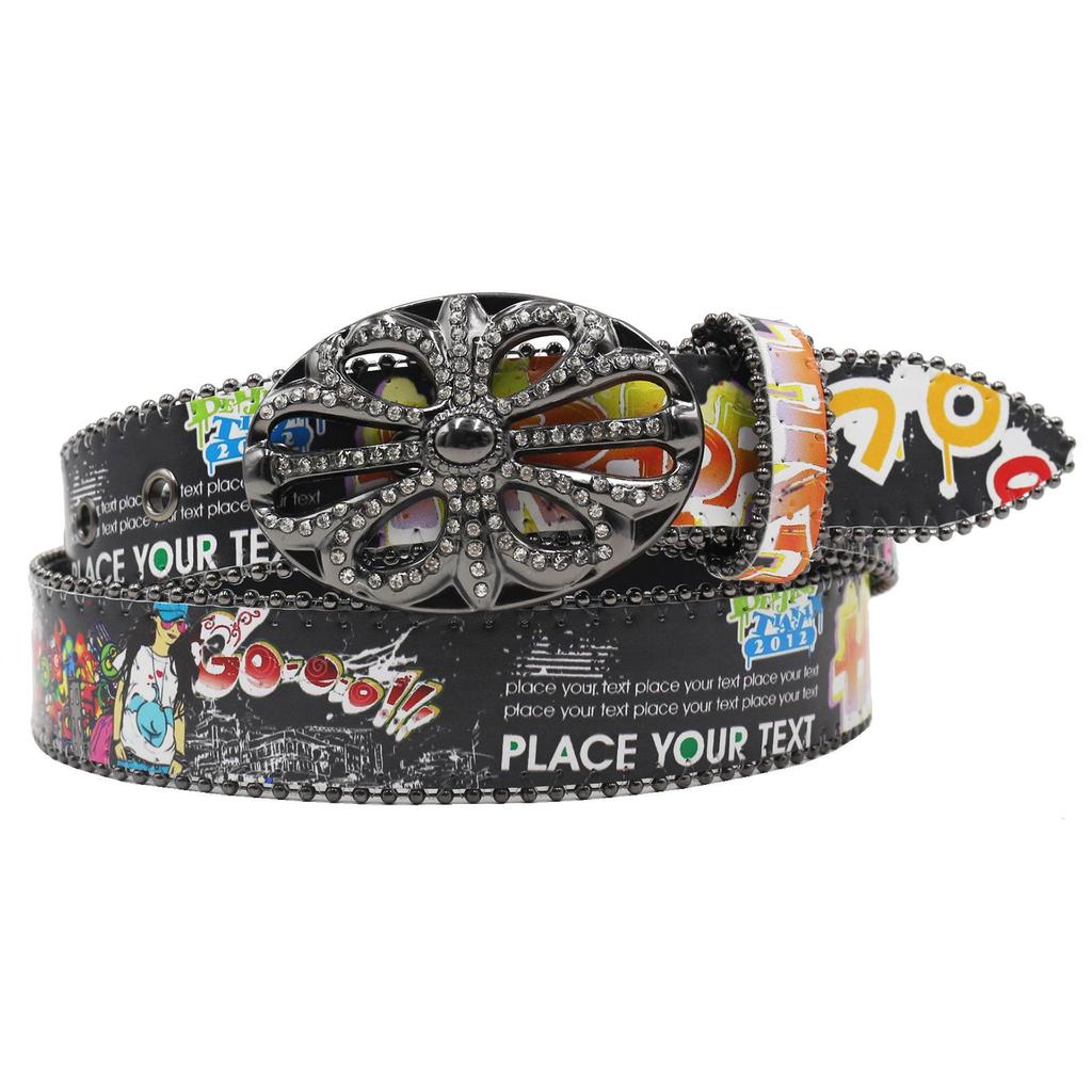 Croatian Rhinestone Graffiti Leather Y2K Belt: Versatile European & American Style