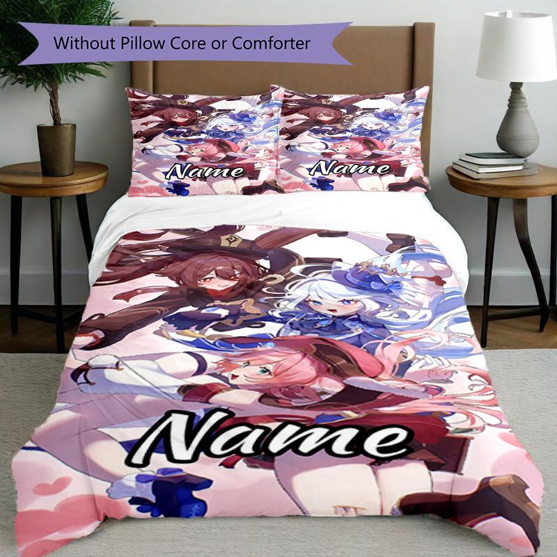 3pcs Duvet Cover Set (1*Duvet Cover + 2*Pillowcase, Without Core), Custom Name Genshin Impact Pattern Bedding Set, Home Bedroom Decor Gift