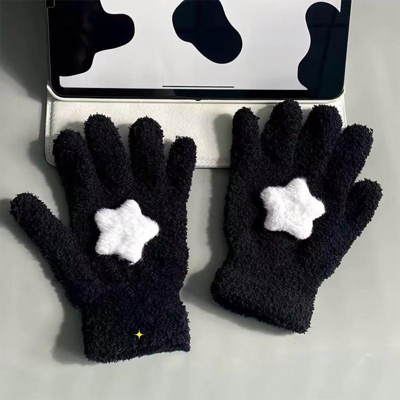 Women Coral Velvet Gloves Outdoor Warmer Soft Cartoon Star Cute Plush Cycling Solid Winter