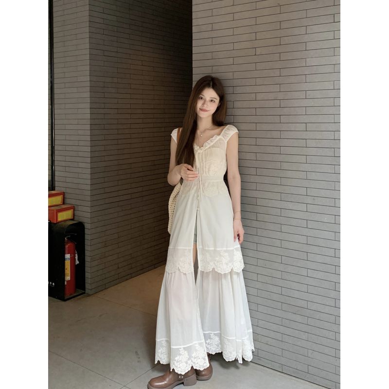 Kumikumi Sweet Style Lace Stitching Embroidery V-neck Dress Women Summer Temperament Waist Hugging Slimming Long Skirt