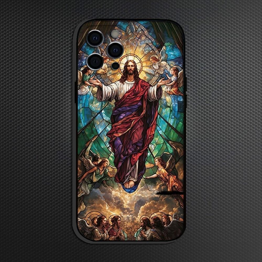 Classic Church Glass Jesus Christ Phone Case For iPhone 16,15,14,13,12,11 Plus,Pro Max, Soft Silicone Black Cover
