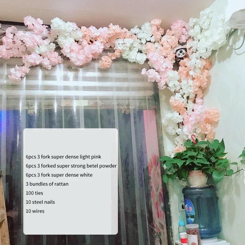 Artificial Cherry Tree Rattan Flower, Silk Wedding Background, Wall Decoration Flower, Home Decoration