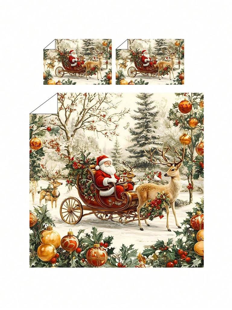 2/3pcs Christmas Tree, Gift Box, Snowflake, Deer, Santa Clause Digital Printing Brushed Duvet Cover Set, Soft & Comfortable