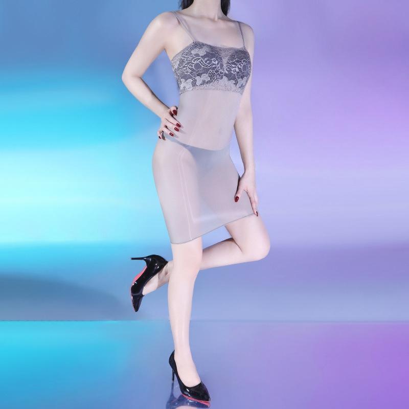 Women Exotic Dress Lace Top Oil Shiny Bodycon Dresses Silky Ultra-Thin 5D See Through Elastic Nightdress Night Club Wear