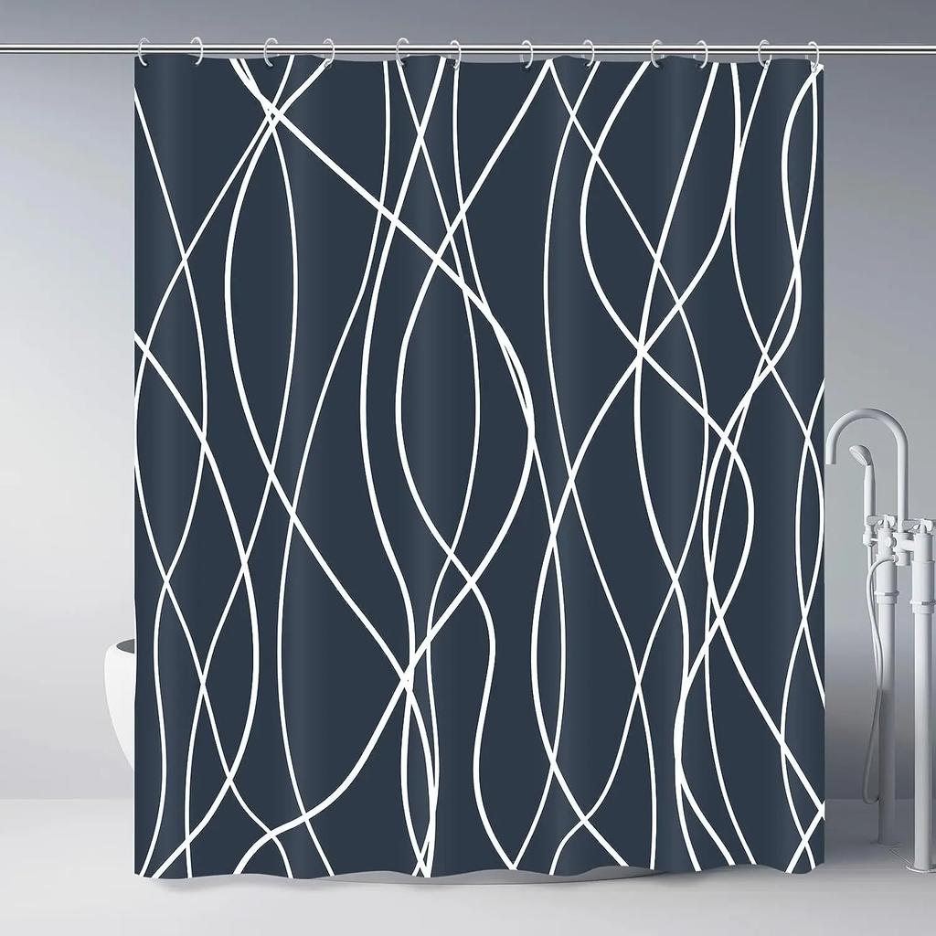 Unframed Modern Black and White Striped Corrugated Fabric Bathroom Shower Curtain,  Gradient Stripe, Bathroom Decorative Shower