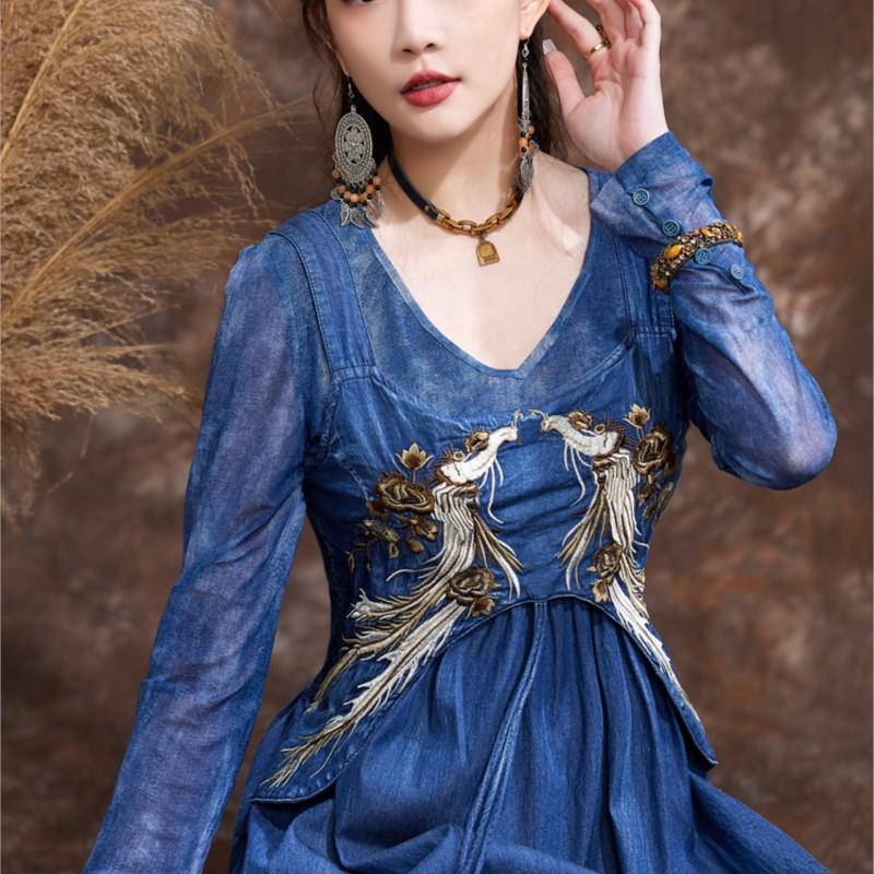 Johnature Autumn Summer Women Embroidery Design Vintage Suspenders Dress Horizontal Collar Casual Dress