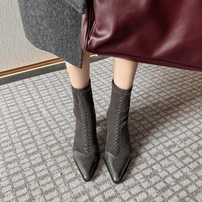 7CM Pointed Toe Chunky Heel Ankle Boots Women Slim Fit Back Zip Fall Winter
