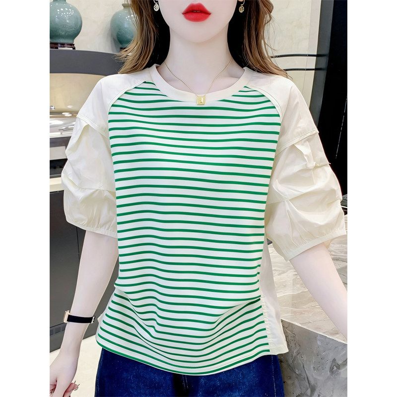 Women's Summer Short-Sleeve T-Shirt 2026 New Design for Petite Figures, Unique Striped Patchwork Shirt-Style T-Shirt, Stylish Top
