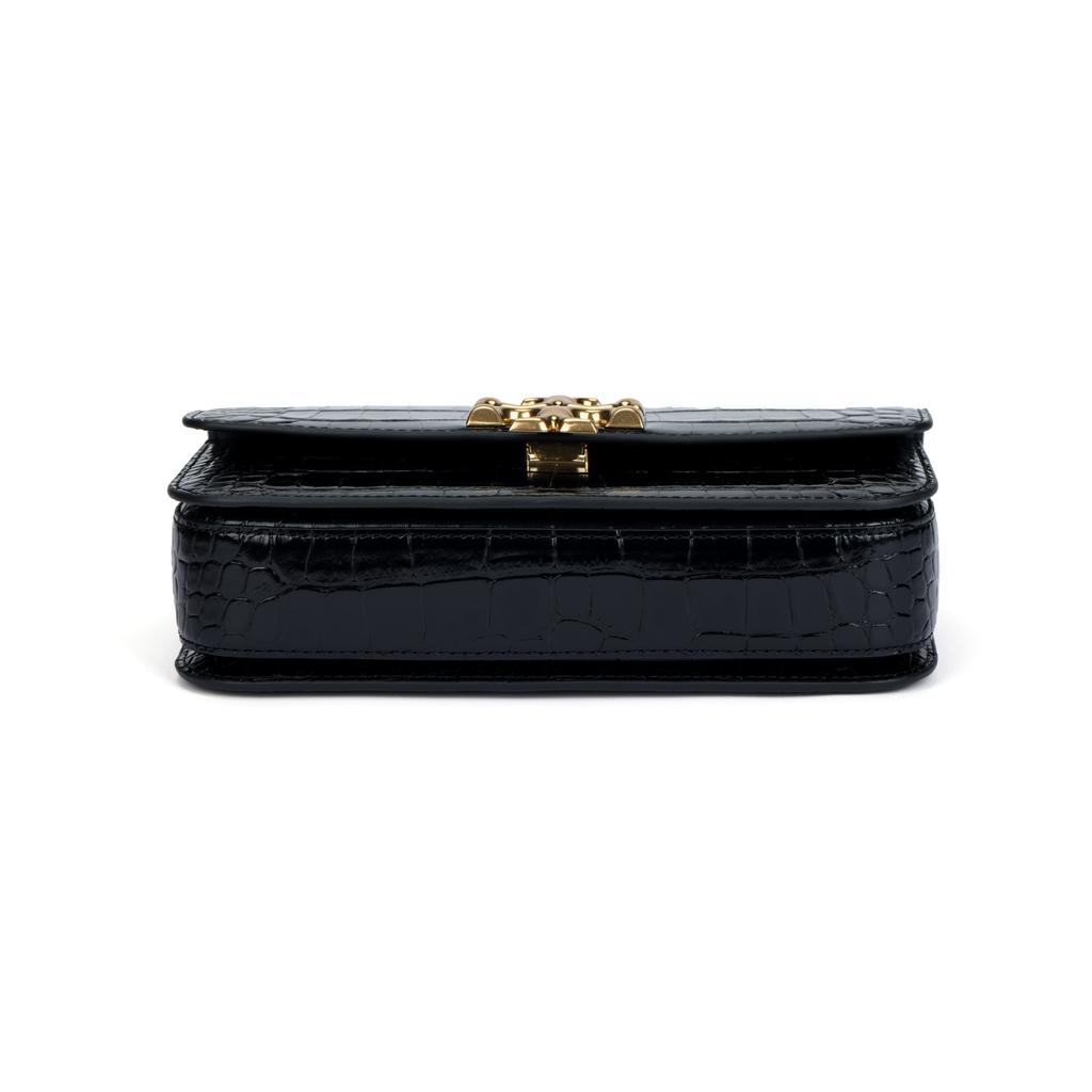 Tory Burch Eleanor Solid Double T Logo Crocodile Pattern Flap Chain Leather Handbag Women Handbags Black Gold 152261-890