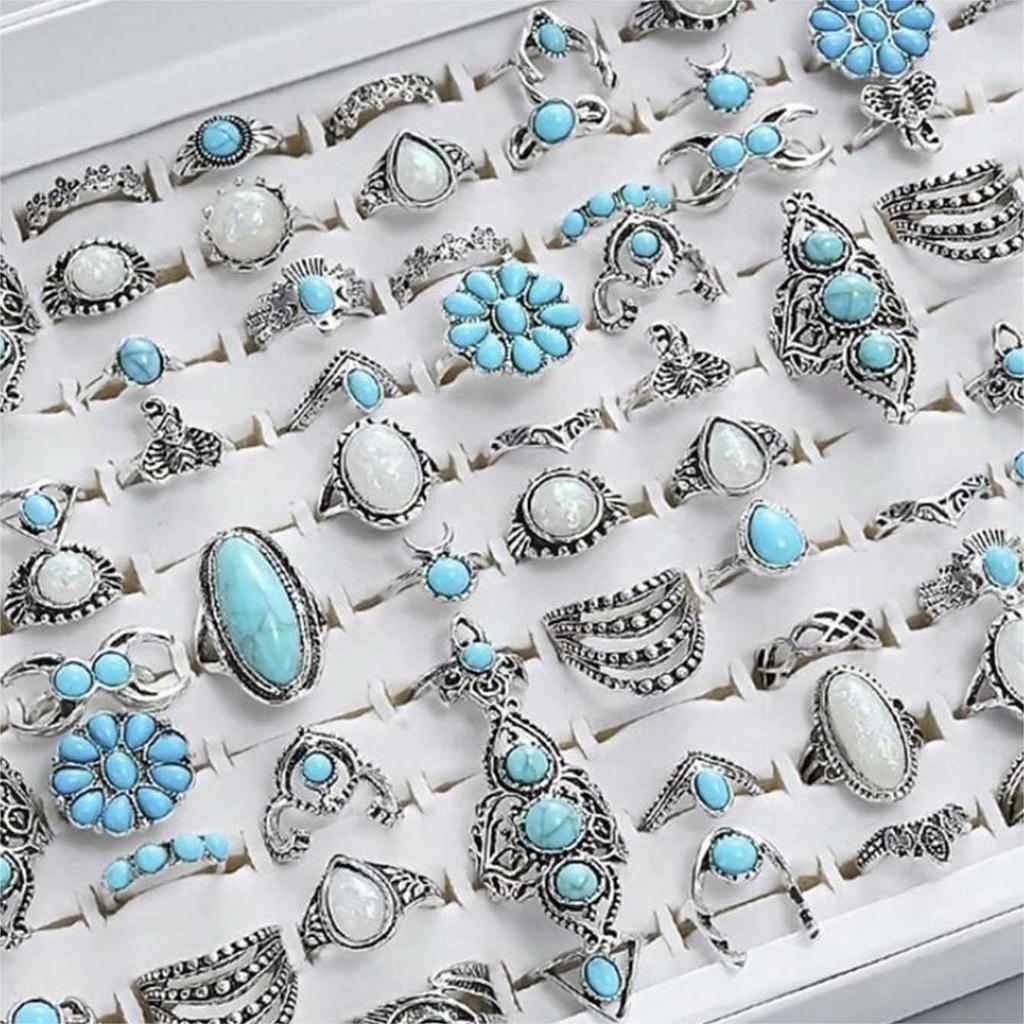 JMXD-15 Pcs Bohemian Turquoise Flower Rings Set Vintage Geometric Lace Stackable Boho Chic Statement Jewelry for Women