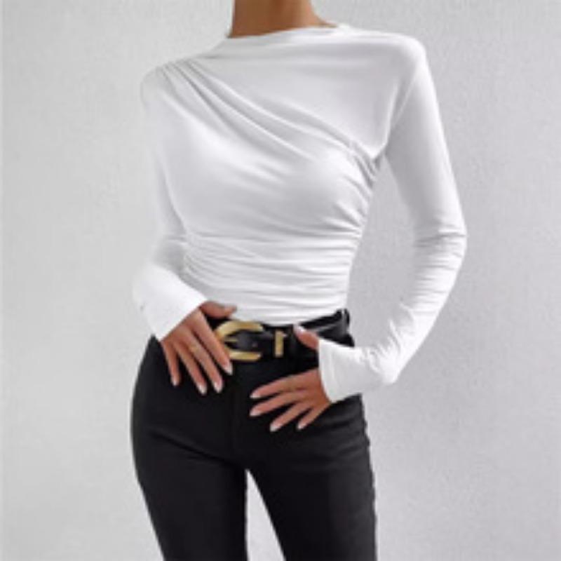 Fashion Long Sleeved Pleated Slim Fit Women T-shirt Solid Color Elegant Half Turtleneck Slim-fit Bottoming Tees Shirt Female Solid Color Basic Tops
