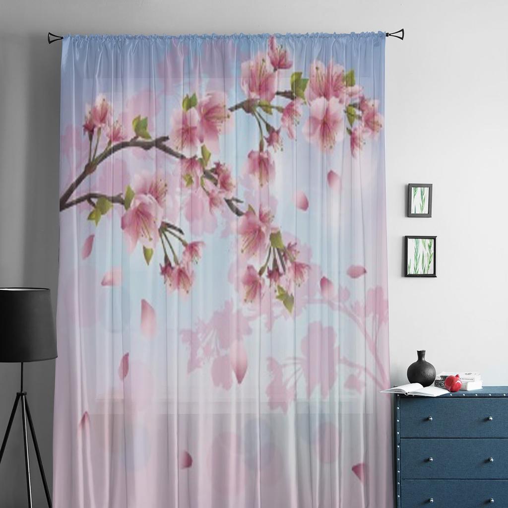 Sakura Blossom Japanese Cherry Tree Chiffon Sheer Curtains for Living Room Bedroom Window Curtain Voiles Tulle Cortinas