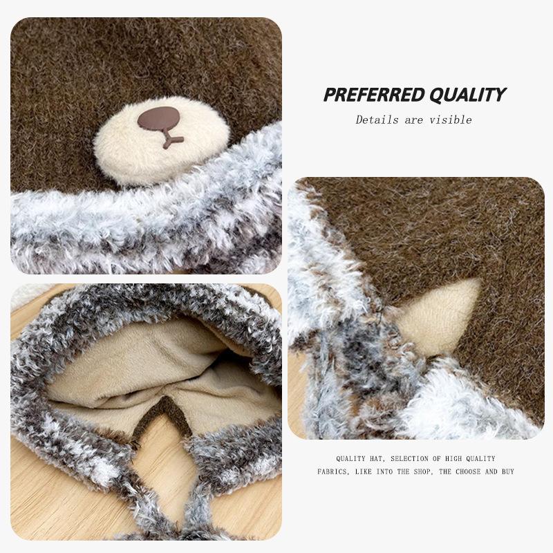 Bear Knitted Hat for Women, Winter Korean Style Versatile Thickened Woolen Hat, Ear Protection for Riding, Cold-Proof Lei Feng Hat