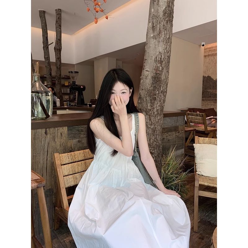 Kumikumi Pure Desire Style White Slimming Sling Dress Women Summer Niche Age-Reducing Lace-up A- Line Skirt Long Dress